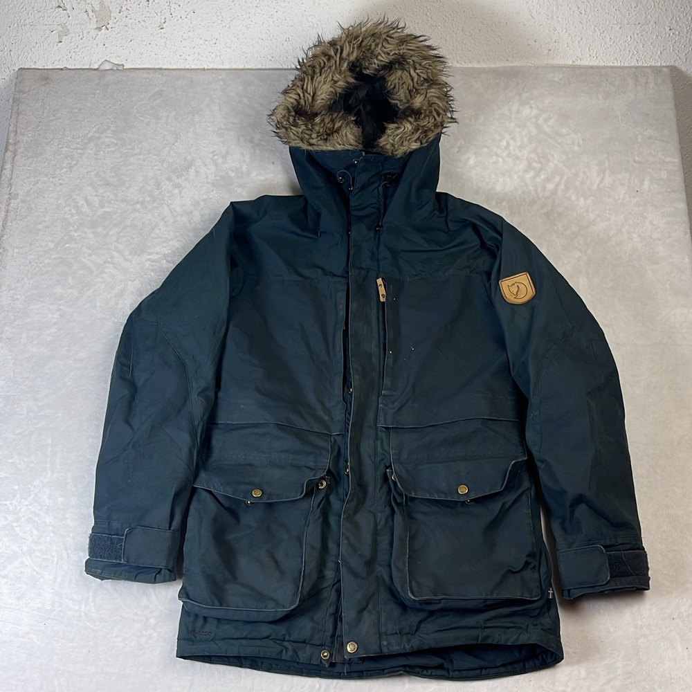 Fjallraven Barents Parka Men's Navy Blue G-1000 Jacket Size S Faux Fur Hood